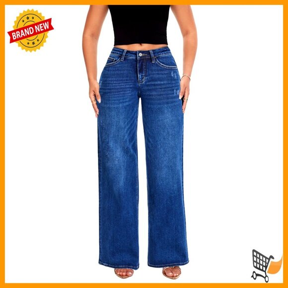 Denim - Wide Leg Baggy Jeans Mid Low Rise Stretchy Denim Women's Pants